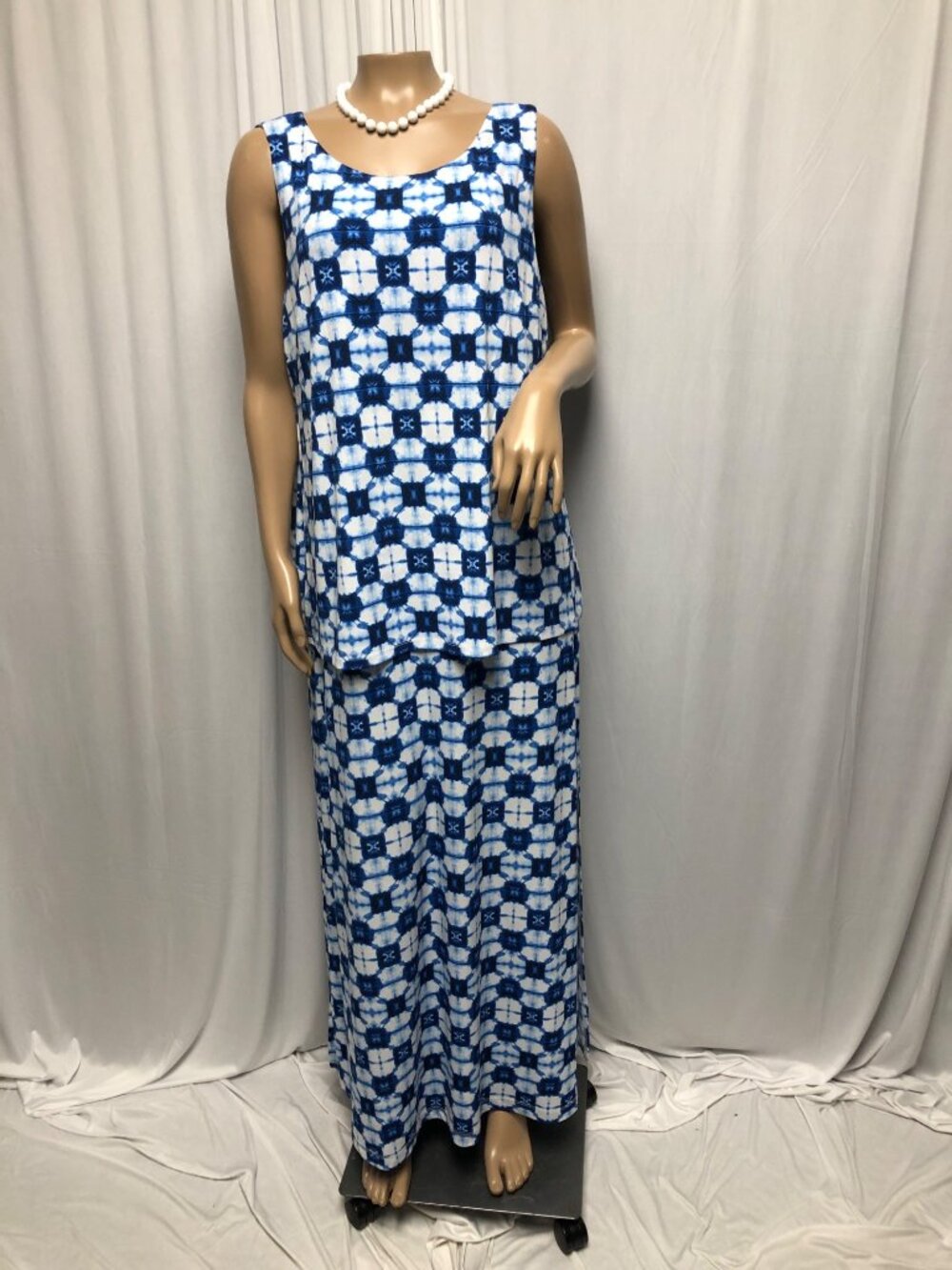 Rafaella Maxi Dress Womens Large Blue White Sleeveless Stretchy Summer Travel